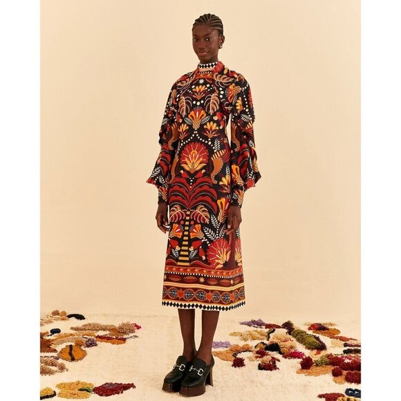 💕FARM RIO💕 Nature Beauty Red Scarf Backless Midi Dress ~ Large L NWT - Picture 2 of 16